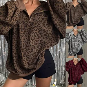 Felpa Casual in Velluto a Coste Autunnale da Donna Manica Lunga a Lanterna Collo Roverscio Mezza Zip Stampa Leopardata Top Larga