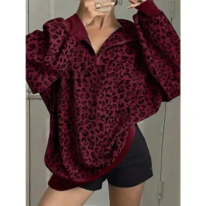 Felpa con zip stampata leopardata da donna autunno inverno maniche lunghe collo a risvolto