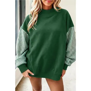 Sudadera oversize casual de mujer con cuello alto y mangas largas de cuadros de moda.