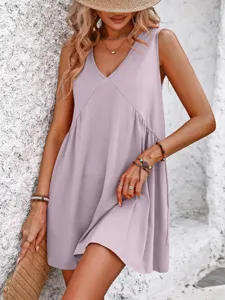 Summer casual V-neck sleeveless loose tank dress for women, lightweight solid color apparel.