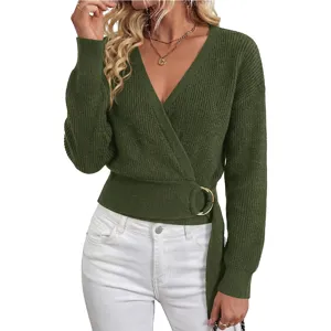 Women Green V-Neck Wrap Knitted Sweater Metal Buckle Casual Autumn Long Sleeve Top