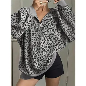 Donna felpa stampa leopardo mezza zip oversize pullover casual moda autunno top chic