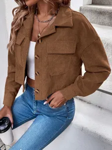 Modische Damen lässige einreihige Revers Cord Langarm kurze Jacke Hemd Detailansicht