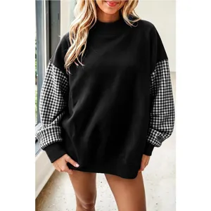 Sudadera de lana polar holgada para mujer cuello alto patchwork cuadros vista principal