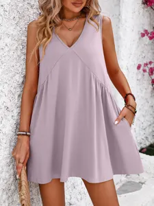 Summer casual V-neck sleeveless swing mini dress with pockets for women, comfortable daily wear.