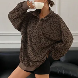 Autunno inverno donna stampa leopardata mezza zip risvolto felpa pullover casual largo