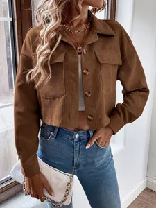 Modische Damen braune Cord Langarm Revers einreihige kurze Jacke Hemd Oberteil Mode