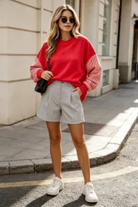 Sweat rouge à manches à carreaux, short gris à pinces, détail de style mode urbaine.