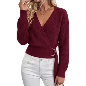 Women's V-Neck Wrap Knitted Sweater Long Sleeve Metal Buckle Stylish Pullover Top