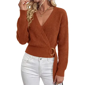 Women V-Neck Wrap Knit Sweater Long Sleeve Metallic Ring Belt Casual Fashion Autumn Tops
