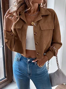 Damen Freizeit Cord Langarm Kurze Jacke Revers Einreiher Hemd Stilvolle Oberbekleidung