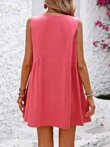 Detailed back view of a summer casual sleeveless pink mini dress, lightweight fabric, stylish fit.