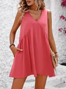 Casual Summer Women V-Neck Sleeveless Loose Pocket Mini Dress Beach Outfit Daily Wear