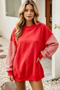 Sweat-shirt rouge col rond à manches longues à carreaux, pull ample et décontracté femme.
