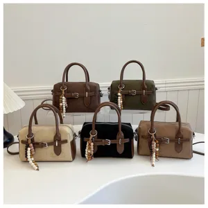 Retro suede handbag retro shoulder crossbody bag with bead charm and belt detail for daily style.