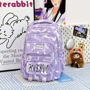 Purple camouflage backpack, large capacity student school bag, casual travel daypack.