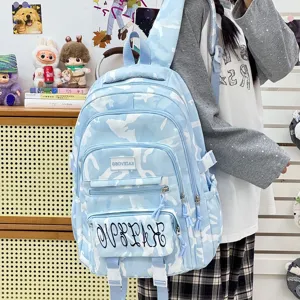 Stylish blue camouflage backpack with large capacity and multi pockets for daily school use.