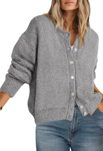Detailed view of the women's casual loose crewneck button-down knit cardigan sweater.