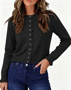 Dames zwarte gebreid vest ronde hals lange mouwen volants knoopsluiting trui top