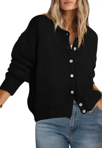 Women casual long sleeve knit cardigan solid color crewneck button down sweater tops