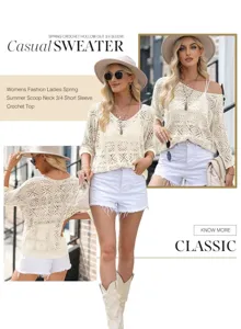 Close-up detail of women spring summer hollow out crochet sweater 3/4 sleeve casual top