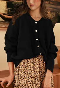Women solid black knit cardigan sweater loose round neck long sleeve button up casual top