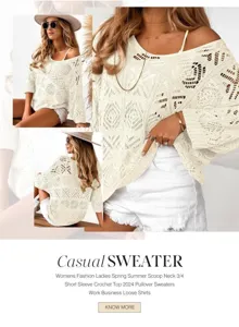 Womens summer casual crochet hollow out V-neck short sleeve loose pullover sweater top beach