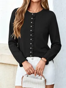 Dames lange mouw gebreid vest met ronde hals volant trui top herfstmode nieuw