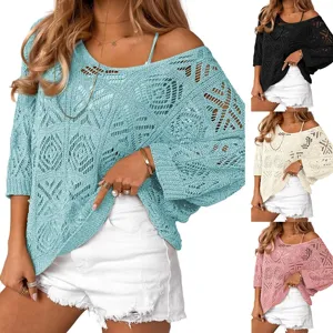Women Casual Bohemian V Neck Hollow Out Crochet Seven Quarter Sleeve Acrylic Blend Sweater Beach Cover Up Top