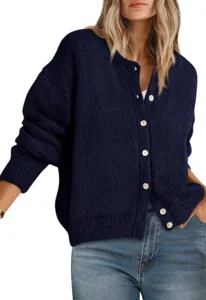 Detailed view of the women's casual navy blue crew neck button knitted cardigan sweater.