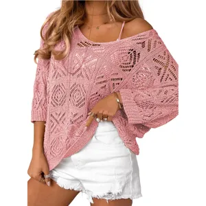 Pink hollow knit sweater for women, casual v-neck loose 3/4 sleeve beach cover up top stylish.