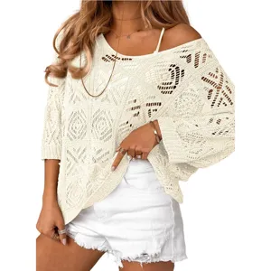 Women Summer V-Neck Hollow Out Loose Three Quarter Sleeve Knit Sweater Beach Cover Up