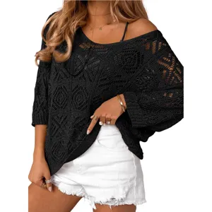Black V-neck hollow out loose 3/4 sleeve knit sweater beach cover up main view product.