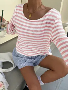 Roze en witte gestreepte gebreide trui met lange mouwen casual losse top voor dames herfst