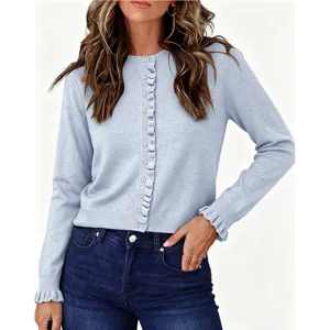 Dames lang mouw gebreid vest effen kleur volants ronde hals casual trui buitenkleding