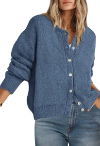 Detailed view of women's casual knit cardigan featuring crew neck and button closure.