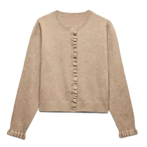 Dames ronde hals lange mouw gebreid vest effen kleur met volanten trui jas stijl