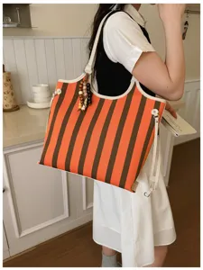 Borsa a tracolla a righe da donna, grande shopper casual, versatile borsa tote per l'uso quotidiano.