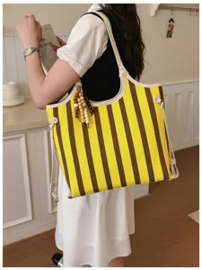 Grande borsa shopper in tela a righe da donna, elegante borsa a spalla per il pendolarismo.