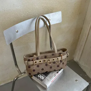 Chic borsa a spalla marrone a pois con dettagli in metallo, elegante borsa da lavoro.