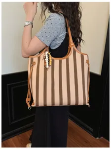 Borsa shopper a righe in tela per donna, grande borsa a spalla capiente con perline eleganti.
