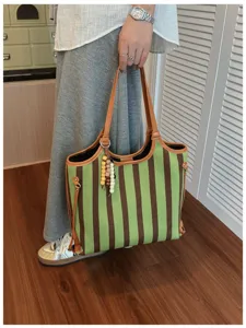 Elegante borsa tote in tela a righe donna, grande capacità, versatile borsa a tracolla casual.
