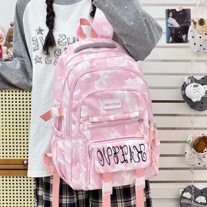 Pink camo student backpack, sweet style large capacity school bag for casual travel and daily use.