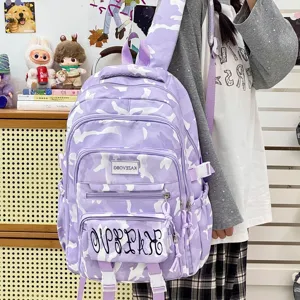 Purple camouflage student backpack, large capacity casual travel school bag for girls.