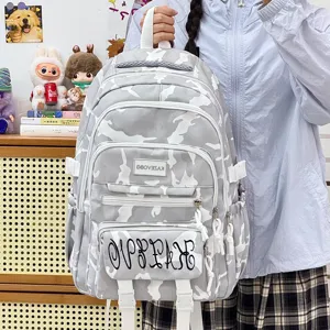 Grey camouflage casual school backpack large capacity travel daypack with multiple pockets