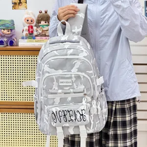 Grey camouflage backpack with multiple zipper pockets, large capacity casual daypack for students.