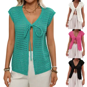 Γυναικείο Casual Boho Ajour Πλεκτό Ζακέτα Κοντό Μανίκι V Λαιμόκοψη Δέσιμο Εμπρός Παραλία Cover-Up Μονόχρωμο Φαρδύ Top