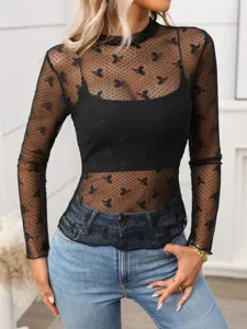 Detailed view of black sheer mesh long sleeve top, mock neck style, stylish Y2K fashion fit.