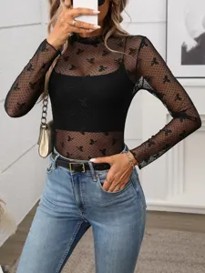 Sexy sheer mesh long sleeve mock neck t-shirt with cute bow flocking design for women.