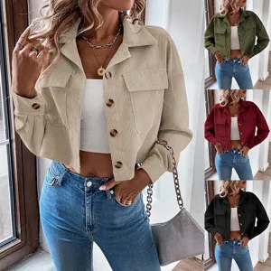 Damen Casual Cord Langarm Umlegekragen Einreihige Kurze Jacke Geknöpftes Hemd Oberbekleidung